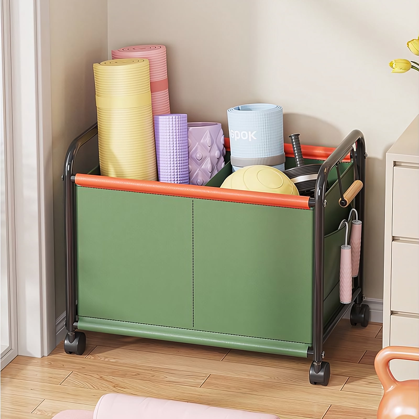 Yoneston Wheeled Home Gym Storage Rack, Large Workout Equipment Storage Basket Toys Rolling Cart with Handle for Yoga Mat Foam Rollers Ropes Clothes