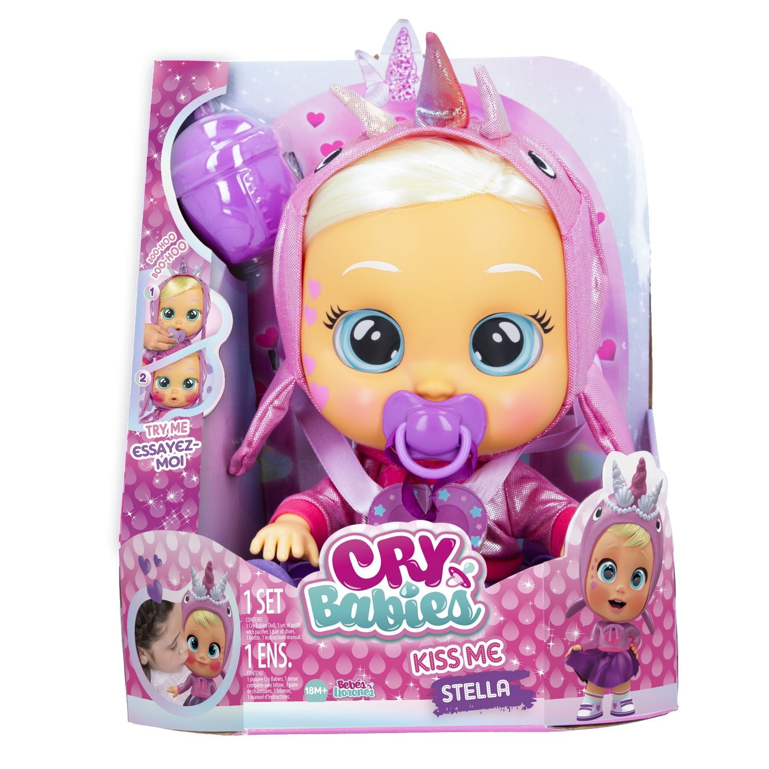 Cry Babies Kiss Me Stella - Deluxe Blushing Cheeks Feature | Shimmery Changeable Outfit with Bonus Baby Bottle