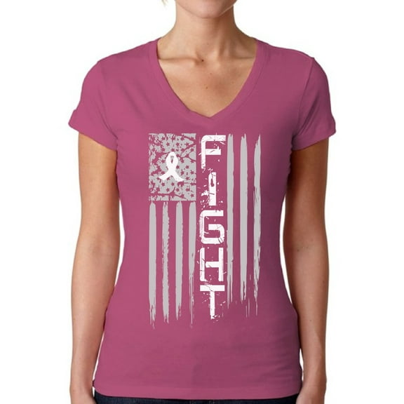 Awkward Styles Women's Lung Cancer Distressed American Flag V-neck T-shirt Fight White Ribbon