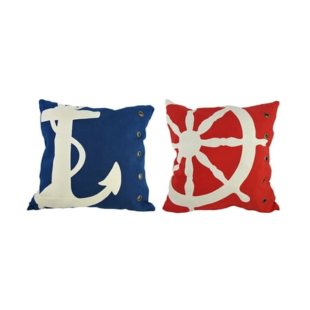 Pair Of Red Blue Riveted Nautical Decorative Throw Pillows 18in