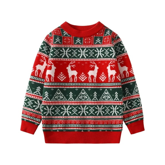 Fdqin Boys Christmas Sweaters Girls Unisex Reindeer Snowflakes Crewneck Sweatshirt Knit Fall Winter Ugly Christmas Pullover Red Green 7-8 Years