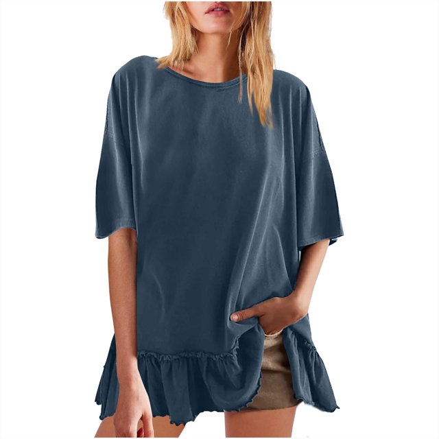 Plebaso T-shirts Surdimensionnés pour Femmes, Ourlet à Volants, Manches Courtes, T-Shirts Amples Décontractés à Col Rond, Hauts d'Été