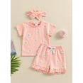 thumbnail image 2 of Nygoyerh Toddler Baby Girls Cute Summer Outfits Floral Print Short Sleeve T-shirt + Ruffled Shorts + Headband 3Pcs Infant Casual Short Pants Sets 6M 12M 18M 24M 3T, 2 of 9