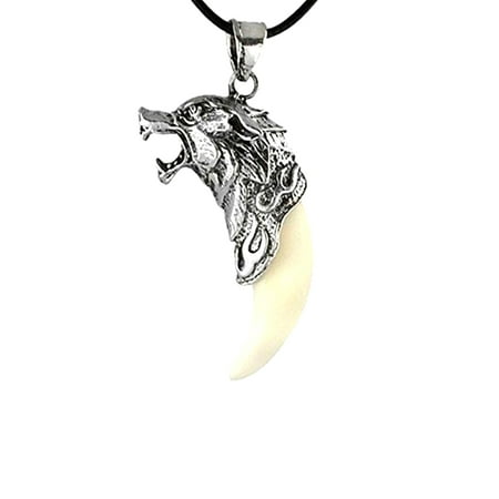 Wolf Head & Synthetic Fang Tooth Necklace Pendant Unisex - Howling Spirit - Silver Titanium Steel Quality - Leather Necklace Band