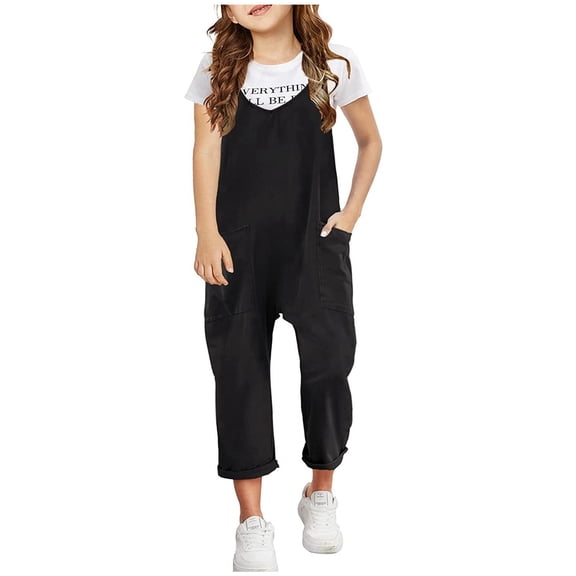 Girls Jumpsuit Sleeveless Casual Plain Color Overalls Spaghetti Strap Loose Overalls Romper Long Pants with Pockets Tween Girl Clothing for Kids Girls 4-5 Years