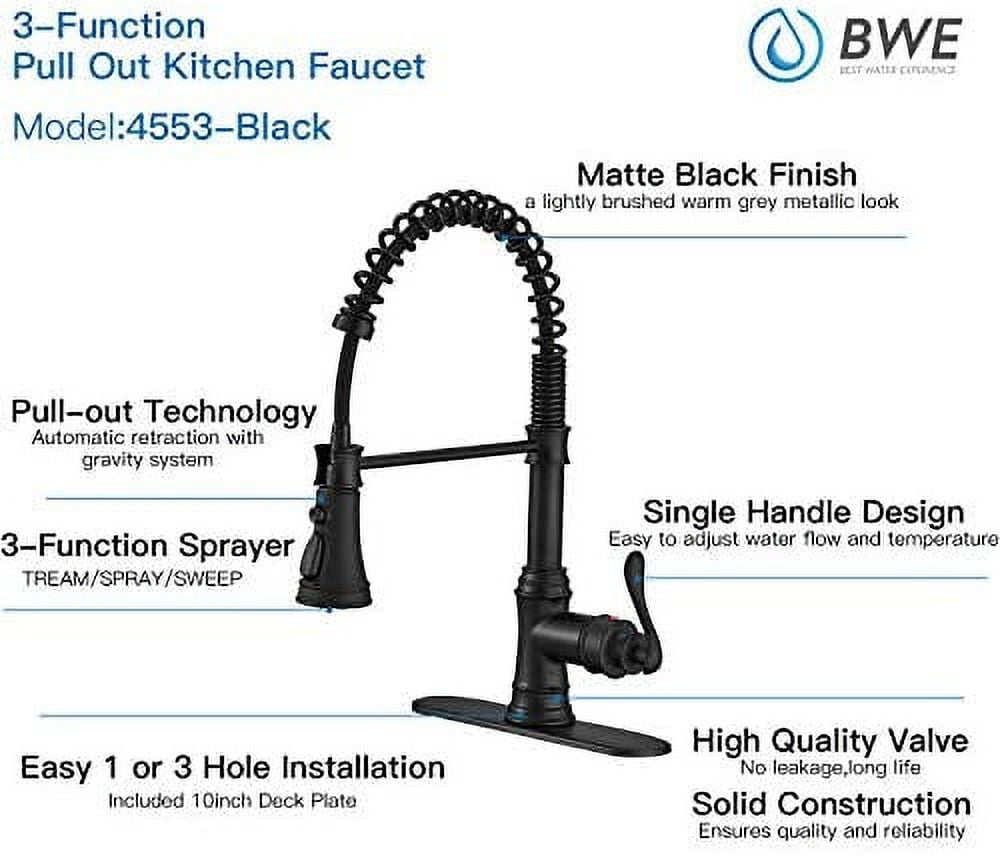 BWE Matte Black High Arc Single Handle Kitchen Sink Faucet