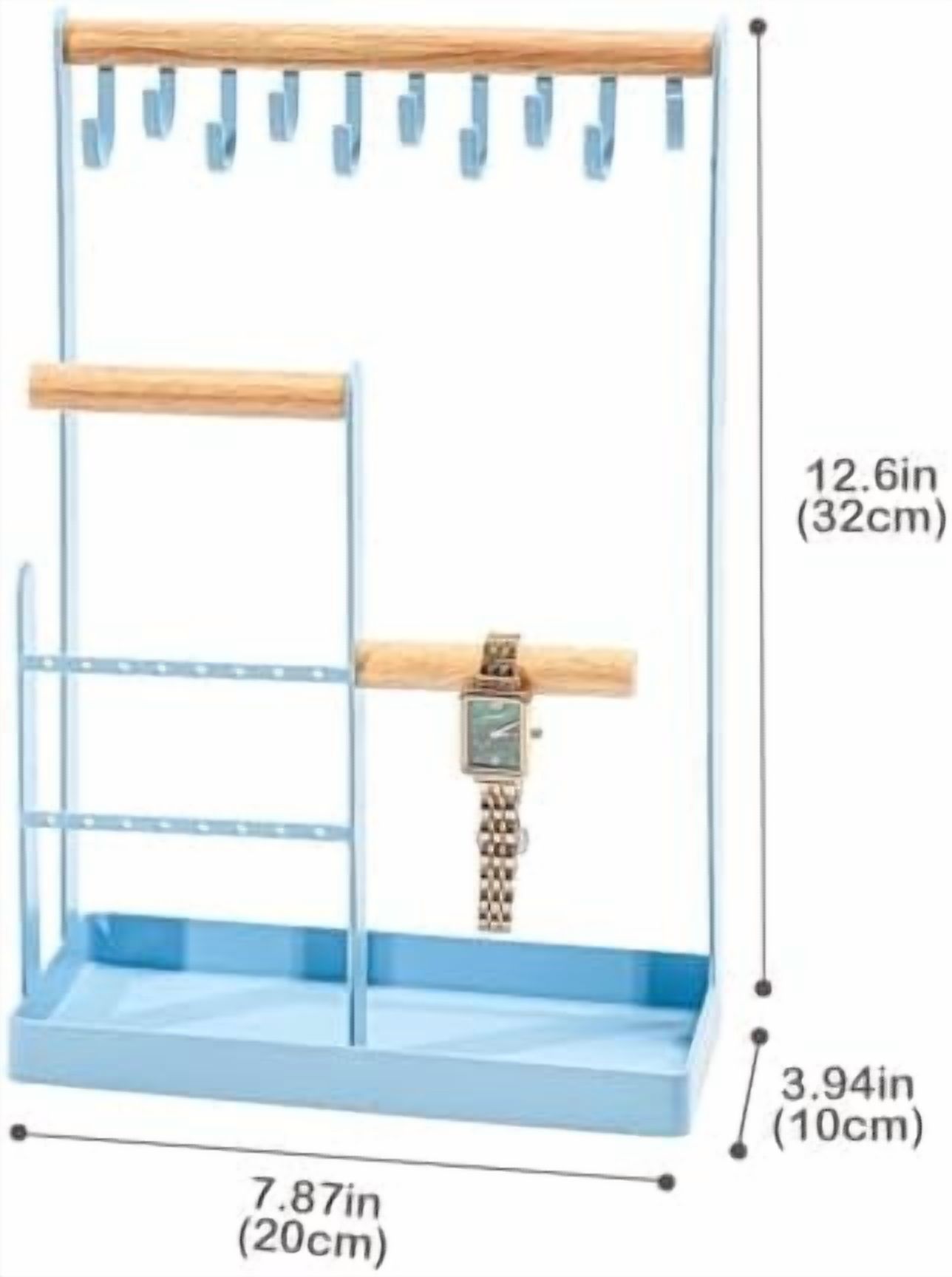 Jewelry Stand Holder Organizer, 4-Tier Necklace Holder with Ring Tray, 10 Hooks Necklaces Hanging Small Jewelry Display Storage Tower Tree for Bracelets Earrings Watches -Medium, Blue