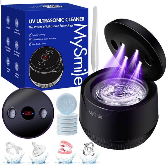 MySmile 45kHz Portable Ultrasonic Retainer Cleaner UVC Sterilizer Machine Dental Cleaning Pod for Denture Cleanser, Invisalign Aligner, Braces, Mouth Guard,Jewelry, 2 Modes