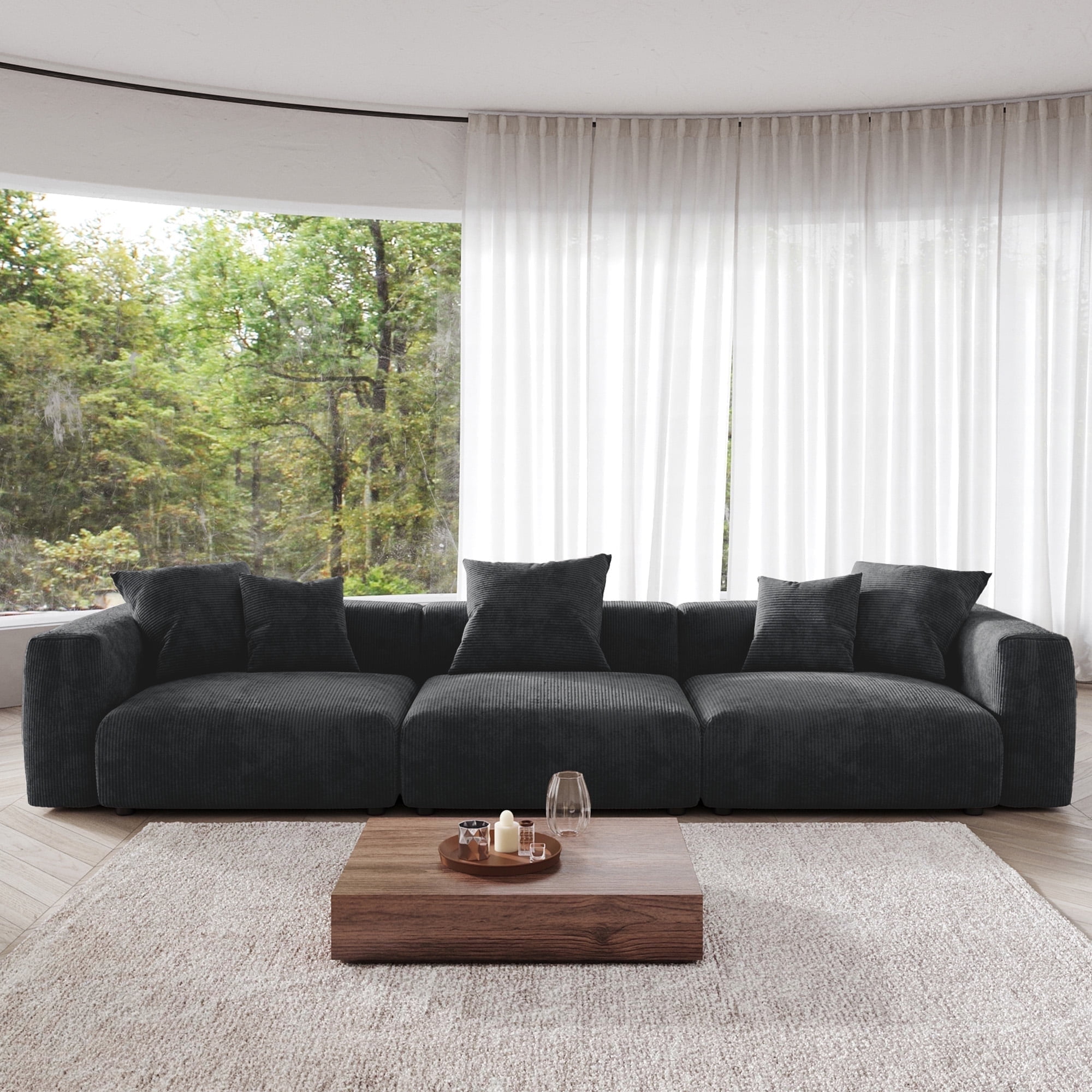 Magic Home Convertible Sectional Sofa Modular Couch,Modern Corduroy Sofa with Pillows for Living Room,Apartment and Small Space,3-Seat Sofa,Black
