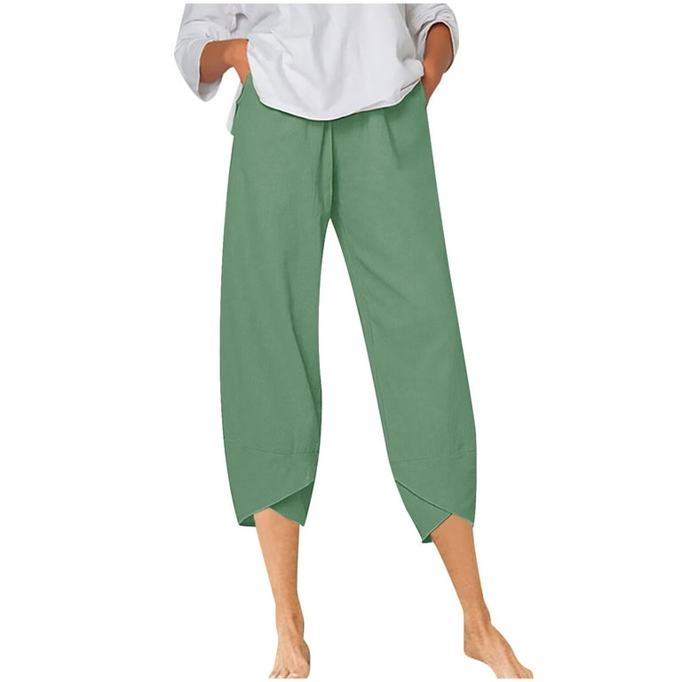 Lisgai Womens Linen Capri Pants with Pockets Loose Fit 2023,4th of July  Women's Casual Summer Capri Pants Cotton Linen Elastic Waist Beach Cropped