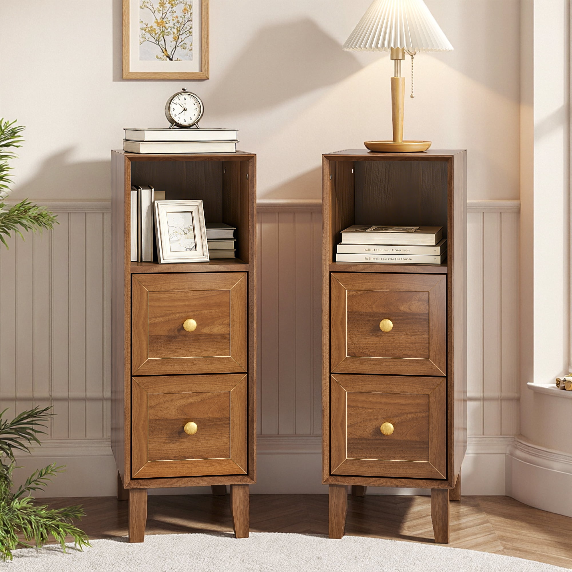 Narrow Nightstand Set of 2, Small 2 Drawer Nightstand, Skinny Vintage End Table, Mid Century Modern Night Stand for Living Room, Bedroom, Walnut