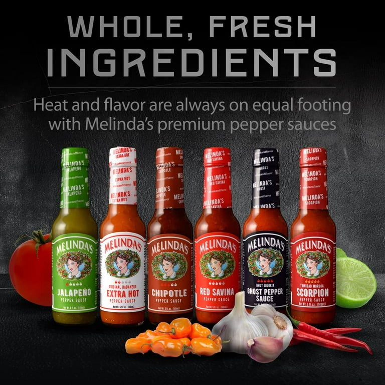 Melinda's Pepper Sauce Challenge Collection - Extra Spicy Gourmet Hot Sauce  Gift Set with Variety of Chile Peppers - Includes Jalapeño, Extra Hot  Habanero, Chipotle, Red Savina, Ghost, Scorpion- 5 oz, 