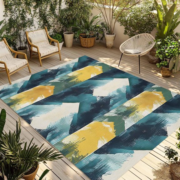 Fsddascl Turquoise Yellow Abstract Outdoor Rug for Patio/Deck/Porch, Non-Slip Large Area Rug 5 x 8 Ft, Teal Modern Smear Artwork Indoor Outdoor Rugs Washable Area Rugs, Reversible Camping Rug Carpet