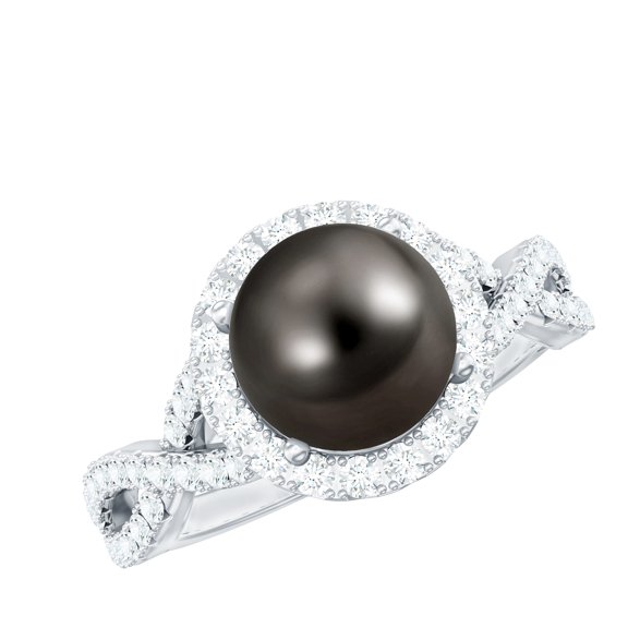 Rosec Jewels Genuine Tahitian Black Pearl Engagement Ring with Diamond - Crossover Ring (8 mm, 8 Carat, AAA Quality), 925 Sterling Silver, US 4.00