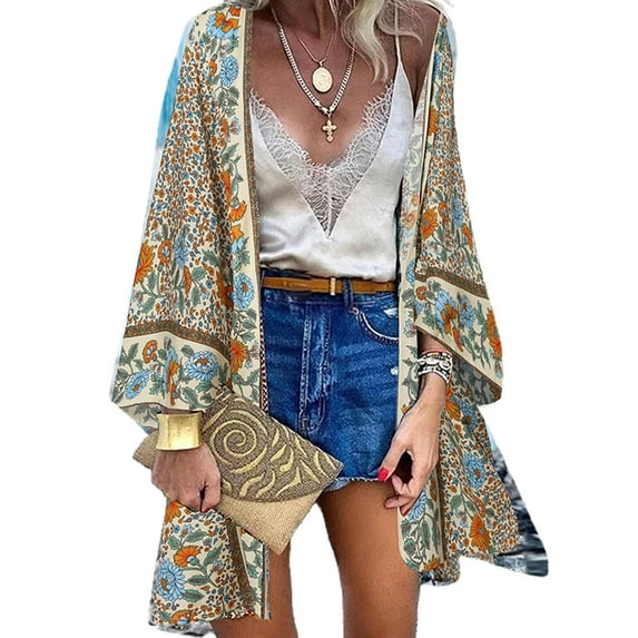 WISEFIN Women Holiday Bohemia Floral Long Sleeve Cardigan Covers Ups Blouse Tops Size M-5XL