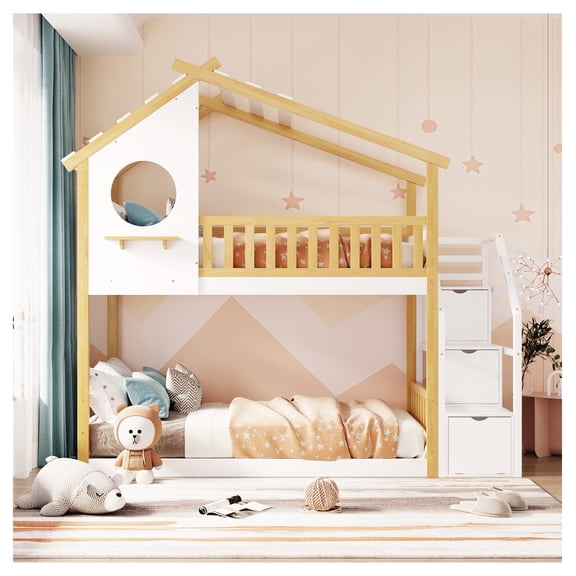 Stairway Twin over Twin House Bunk Bed with Storage & Guardrail, Natural/White