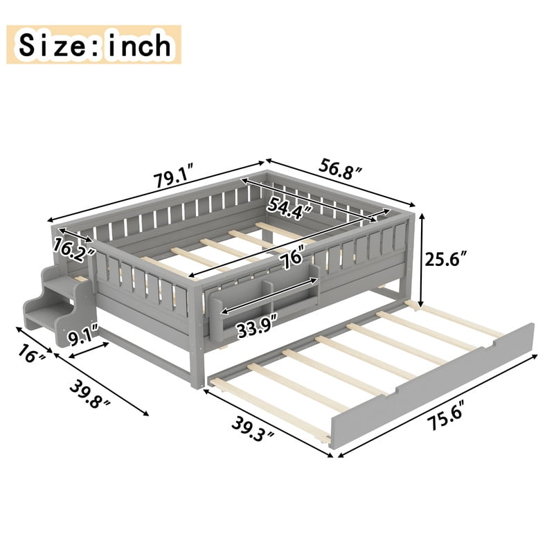 Full Size Low-Profile Kid's Platform Bed with Built-in Bookshelves & Small Staircase, Wooden Bed Frame with Safety Rails & Trundle