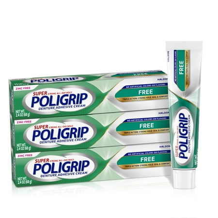 Poligrip Free Denture Adhesive Cream, Strong All-Day Hold, Food Seal, 2.4 Oz (3 Pack)