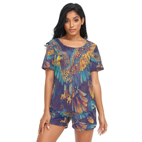 Women Pajama Sets Short Sleeve Sweatshirts Green Bird Patren Casual Tops and Shorts