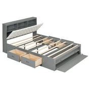 Euroco Wood Queen Platform Bed with Storage Headboard, Drawer and Shoe Cabinet for Living Room, Gray