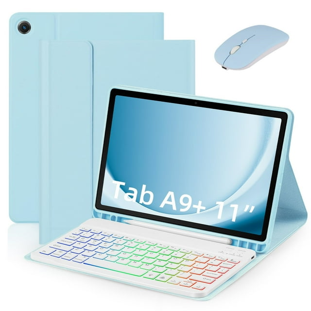 yeacher Samsung Galaxy A9 Plus 5G Keyboard Case with Bluetooth Mouse - Blue, Convertible Tablet to Laptop Accessory, PU Leather & ABS Plastic, 10M Range, 1600DPI Mouse, USB-C Charging.