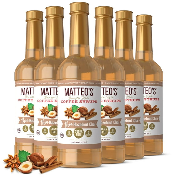 Matteo's Sugar Free Coffee Syrup, Hazelnut Chai (1L bottle, 6-pack)
