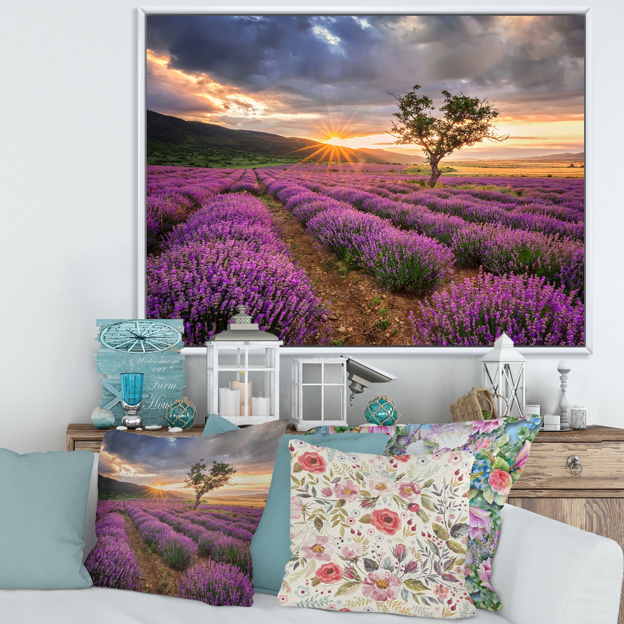 Designart 'Dramatic Clouds and Sunrise Over Lavender Field VIII' Farmhouse Framed Canvas Wall Art Print