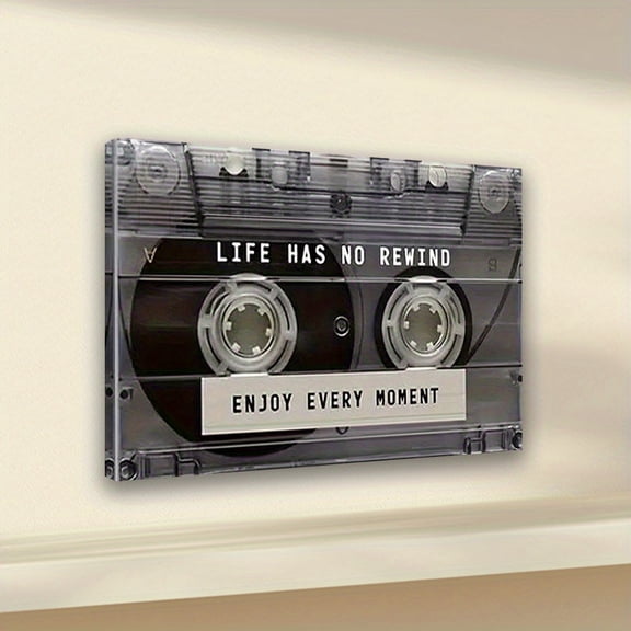 2D Flat, A Piece of Vintage Cassette Canvas Wall Art Featuring an Inspirational Quote about Music: "Life Has No Rewind, Enjoy Every Moment" - Framed Creative Decor Suitable for Home, Bedroom,