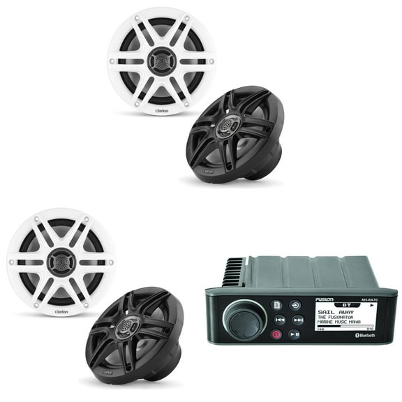 Fusion MS-RA70 Source Unit w/ ( 2 Pair ) Clarion CMS-651-SWB 6.5-inch Coaxial Marine Speakers ( Includes White & Black Sport Grilles )