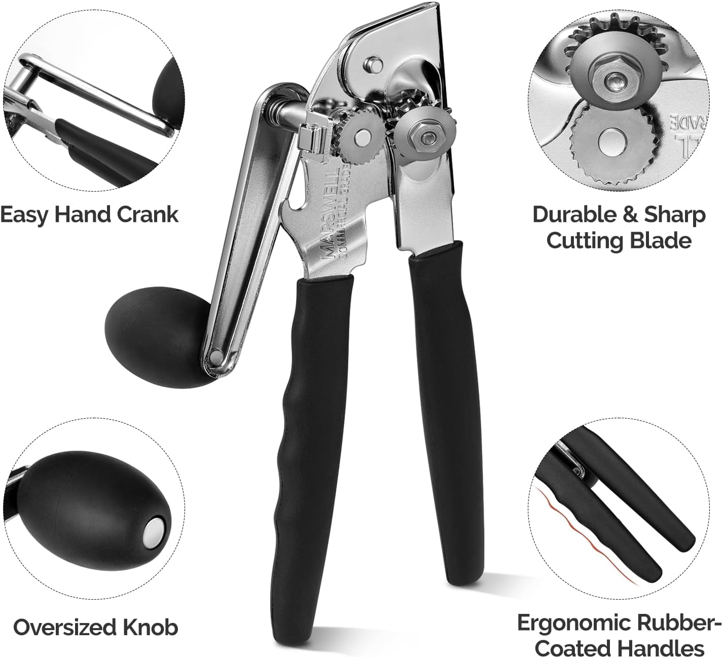 13556040584 Hand Crank Can Opener Manual Heavy Duty, Commercial Can Openers with Ergonomic Rubber Coated Extra-Long Handles, Oversized Knob, Large Can Opener for Big Cans, Black
