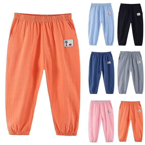 NordicNest Kids Cotton Linen Pants with Elastic Waist – Summer Long Pants for Boys Girls, Breathable & Skin Friendly Orange 100