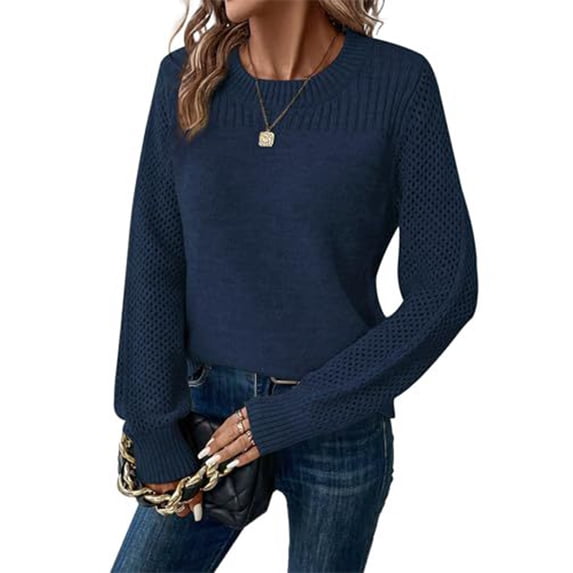 WULMLEO Womens Sweaters Casual Long Sleeve Crewneck Crochet Knit Pullover Tops 2026 Fall Fashion Trendy Shirts Navy M