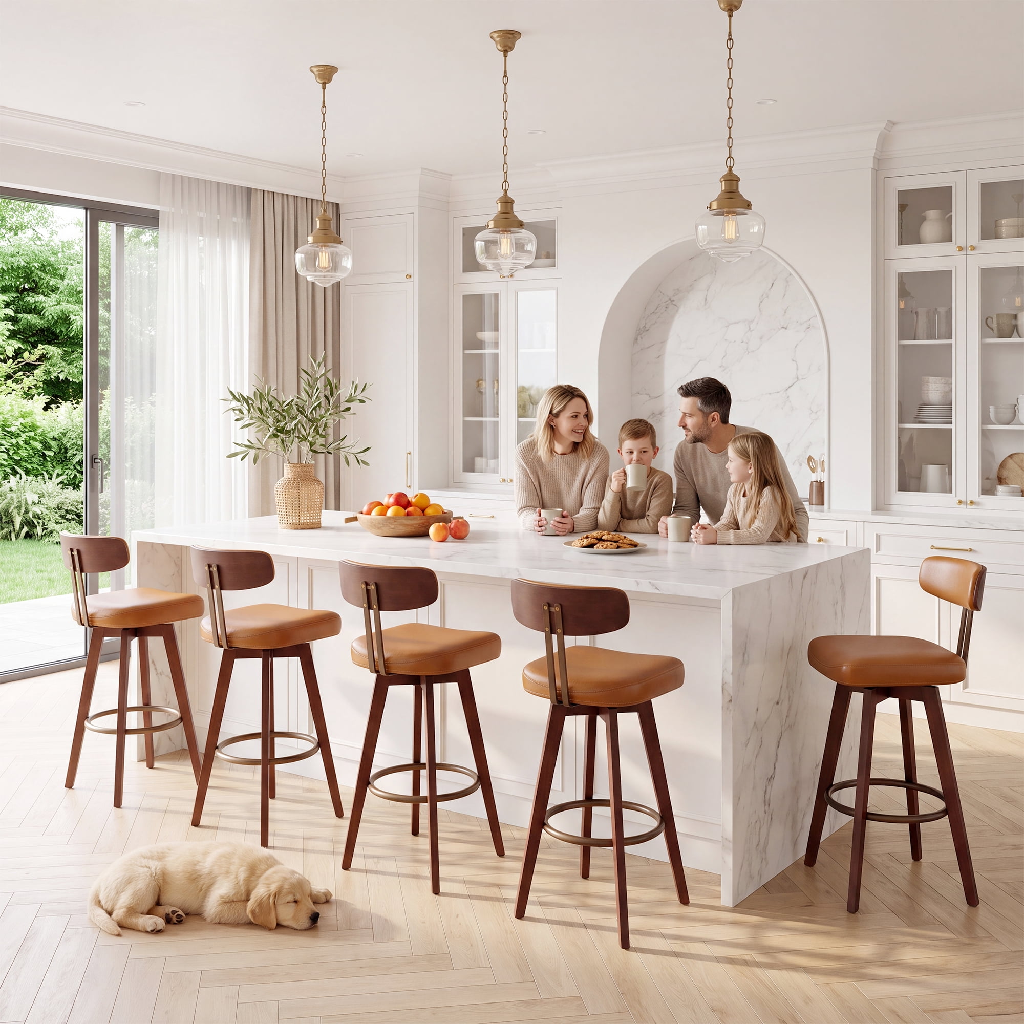 TrumanPick 26" Swivel Bar Stools Set of 4, Brown Faux Leather Counter Height Swivel Barstool with Back & Solid Rubberwood Legs, Counter Stools for Kitchen Island Pub