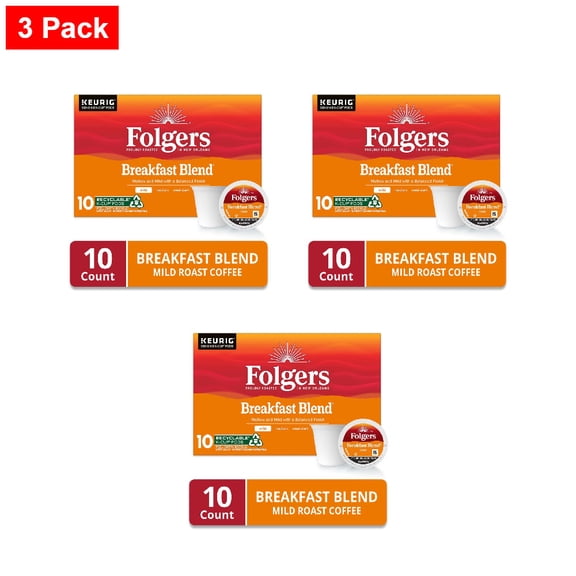 Folgers Breakfast Blend Coffee, Mild Roast, K-Cup Pods 10 ct - 3 Pack