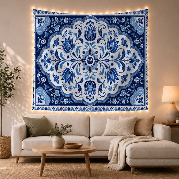 Blue and White Floral Medallion on Ivory Background, Serene Boho for Home Decor Lovers, Botanical Wall Art Decor, Housewarming Gift Tapestry Wall Hanging for Bedroom and Living Room