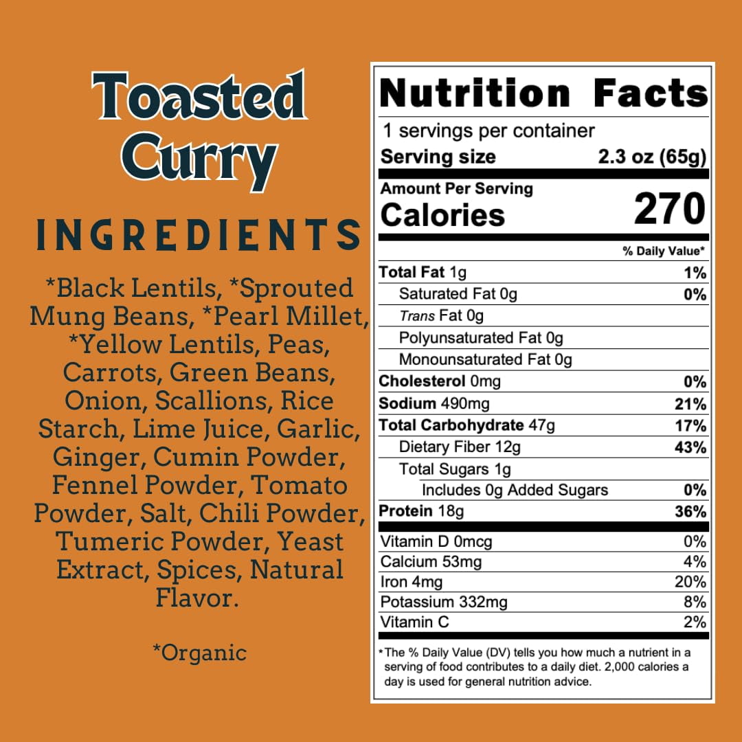 Aahana’s Toasted Curry Sprouted Power Bowl - Gluten-Free, Plant-Based Instant Meal with Sprouted Lentils - 18g Protein, 12g Fiber, Vegan, Non-GMO, Kosher - Just Add Hot Water (6 Pack)