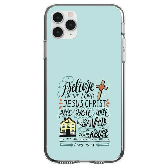 DistinctInk Clear Shockproof Hybrid Case for iPhone 11 (6.1" Screen) - TPU Bumper, Acrylic Back, Tempered Glass Screen Protector - Acts 16:31 - Believe in the Lord Jesus Christ