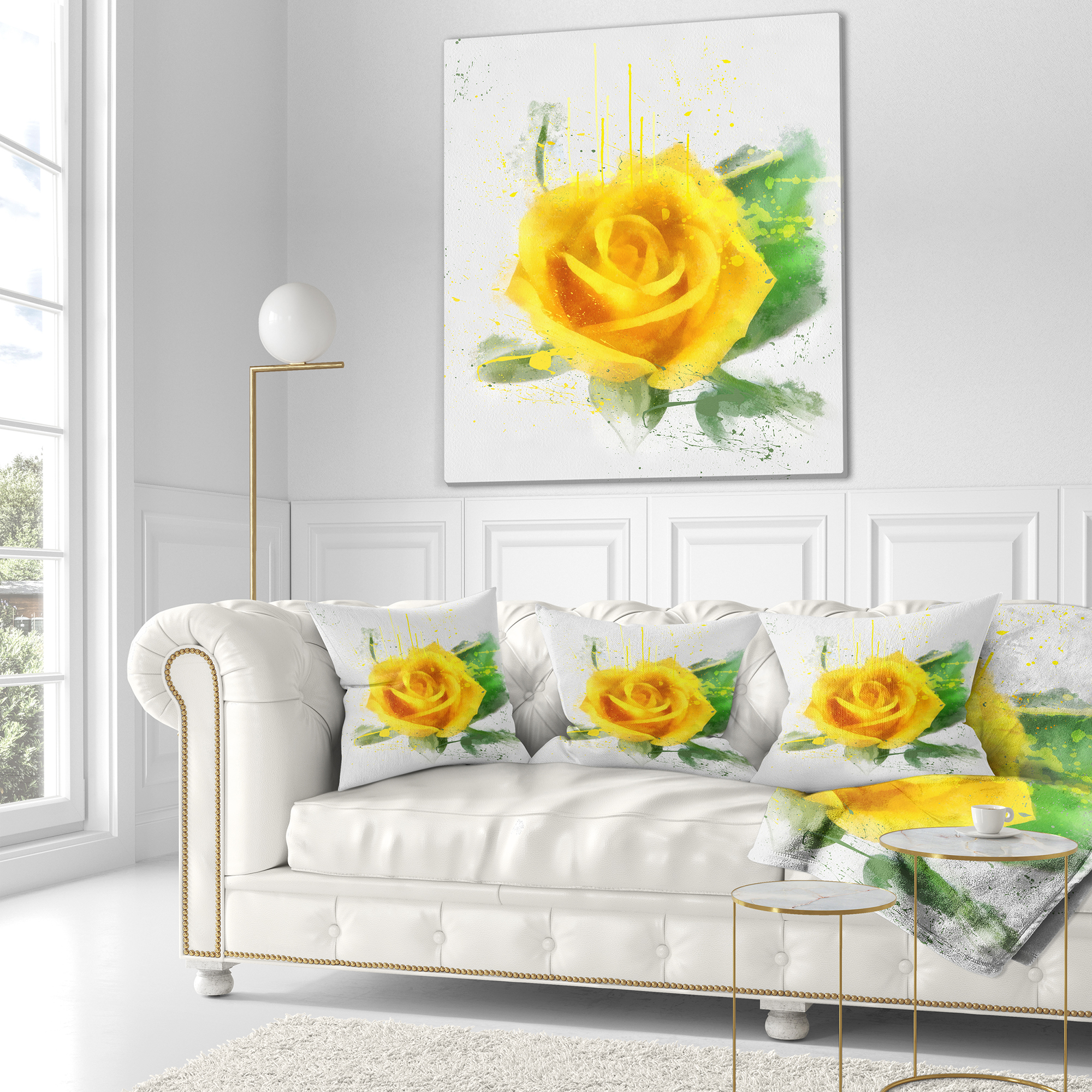 Designart Yellow Rose with Green Leaves Sketch - Floral Throw Pillow - 18x18