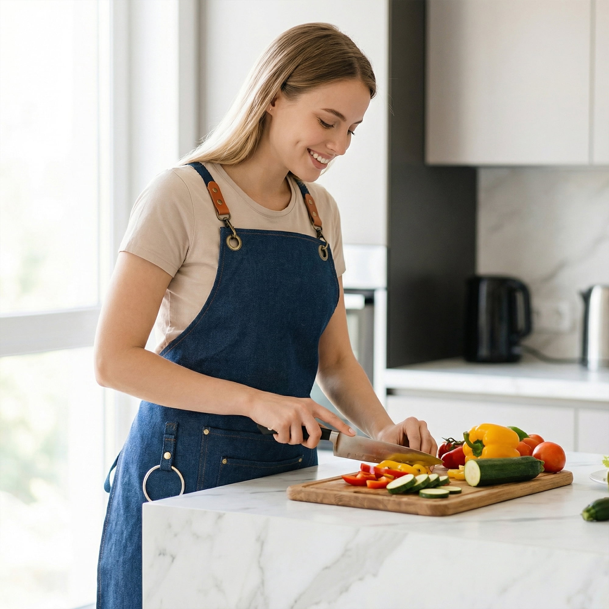 Unique Bargains Adjustable Long Waist Cooking Apron with Pockets 29.4x26.8in Blue