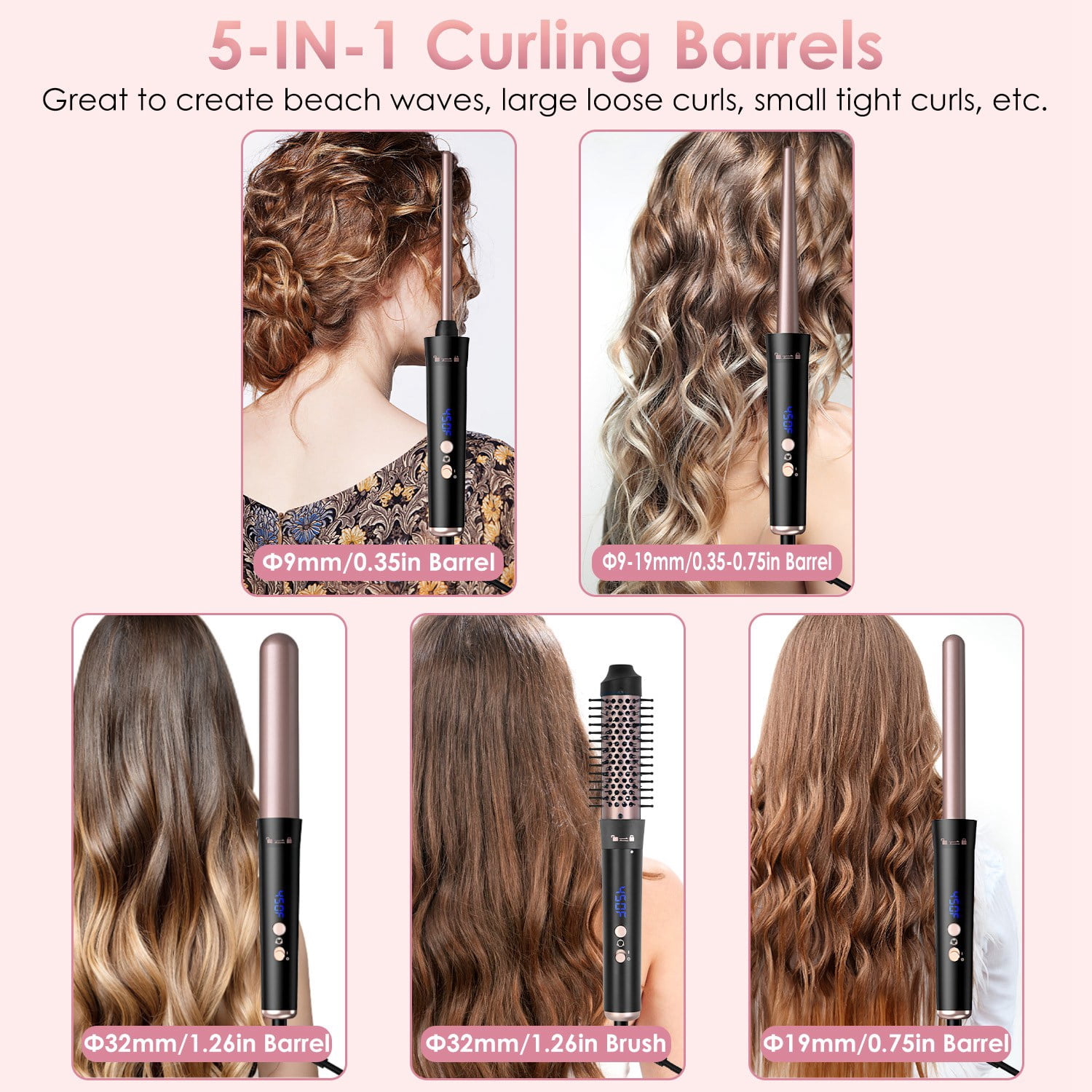 Moclever 5 in 1 Hair Curling Wand, Thermal Brush Curler with 4 Heating Levels 360° Rotatable Cable 1H Auto off, 5 Interchangeable Barrels 2 Clips, Rose Gold
