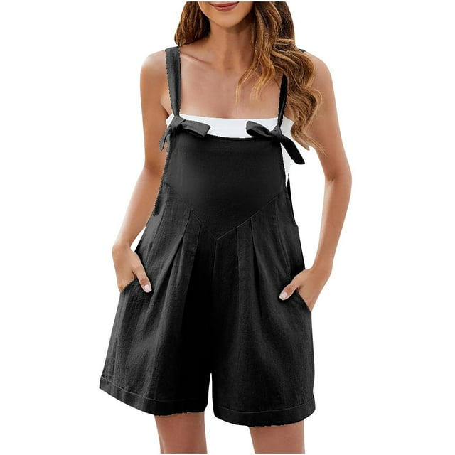 aidice Summer Overalls for Women Casual Loose Tie Adjustable Strap Ruched Shorts Rompers with Pockets