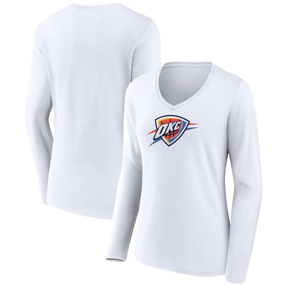 Women's White Oklahoma City Thunder Logo Long Sleeve V-Neck T-Shirt