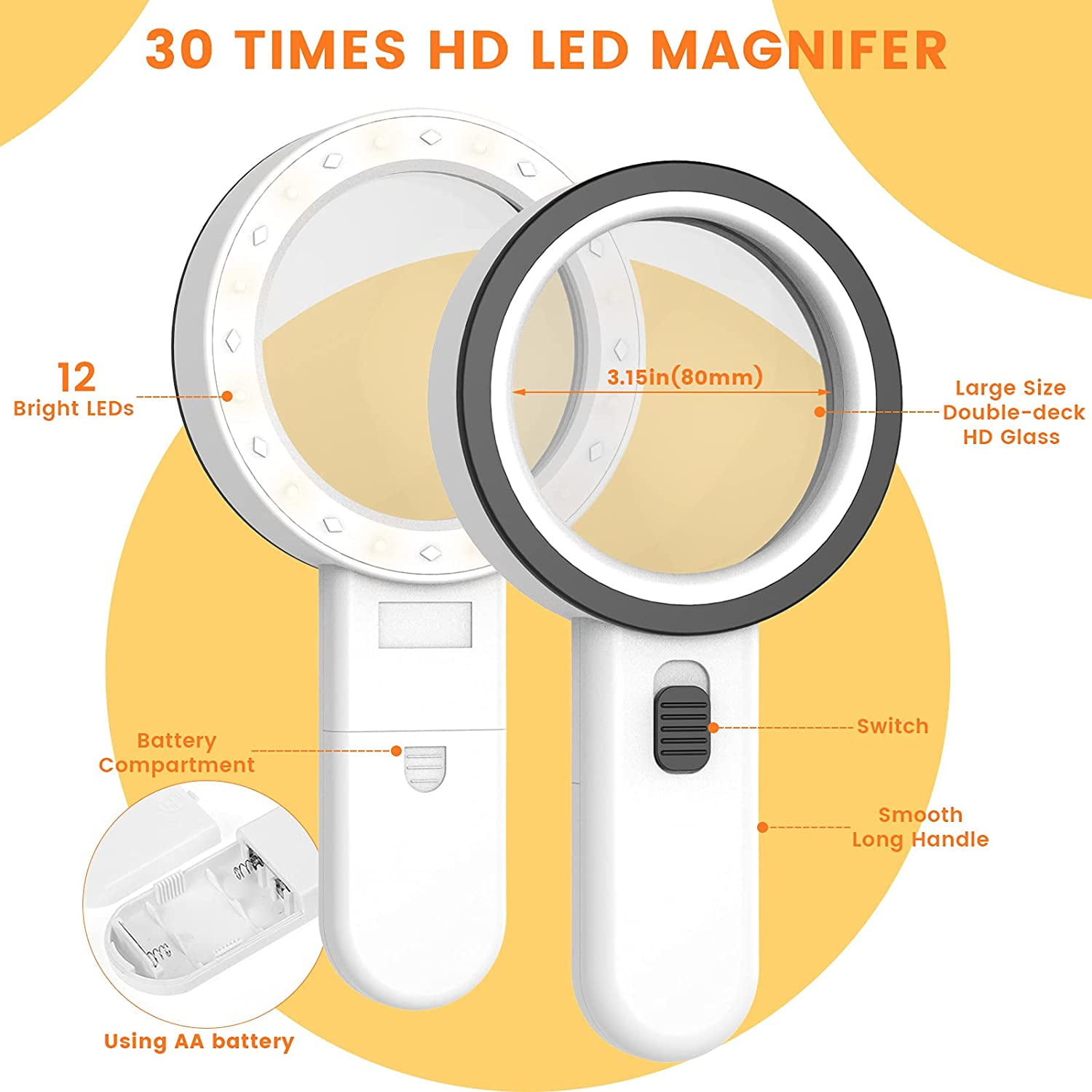 Magnifying Glass with 12 LED Lights, 30X Double Glass Lens Handheld  Illuminated Magnifier Reading Magnifying Glass with for Seniors Read,  Coins, Stamps, Map, Inspection, Macular Degeneration… 