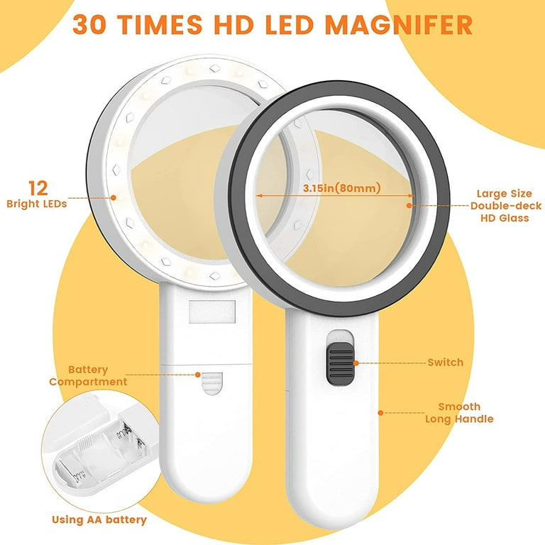 Magnifying Glass with Light，30X Handheld Large Magnifying Glass