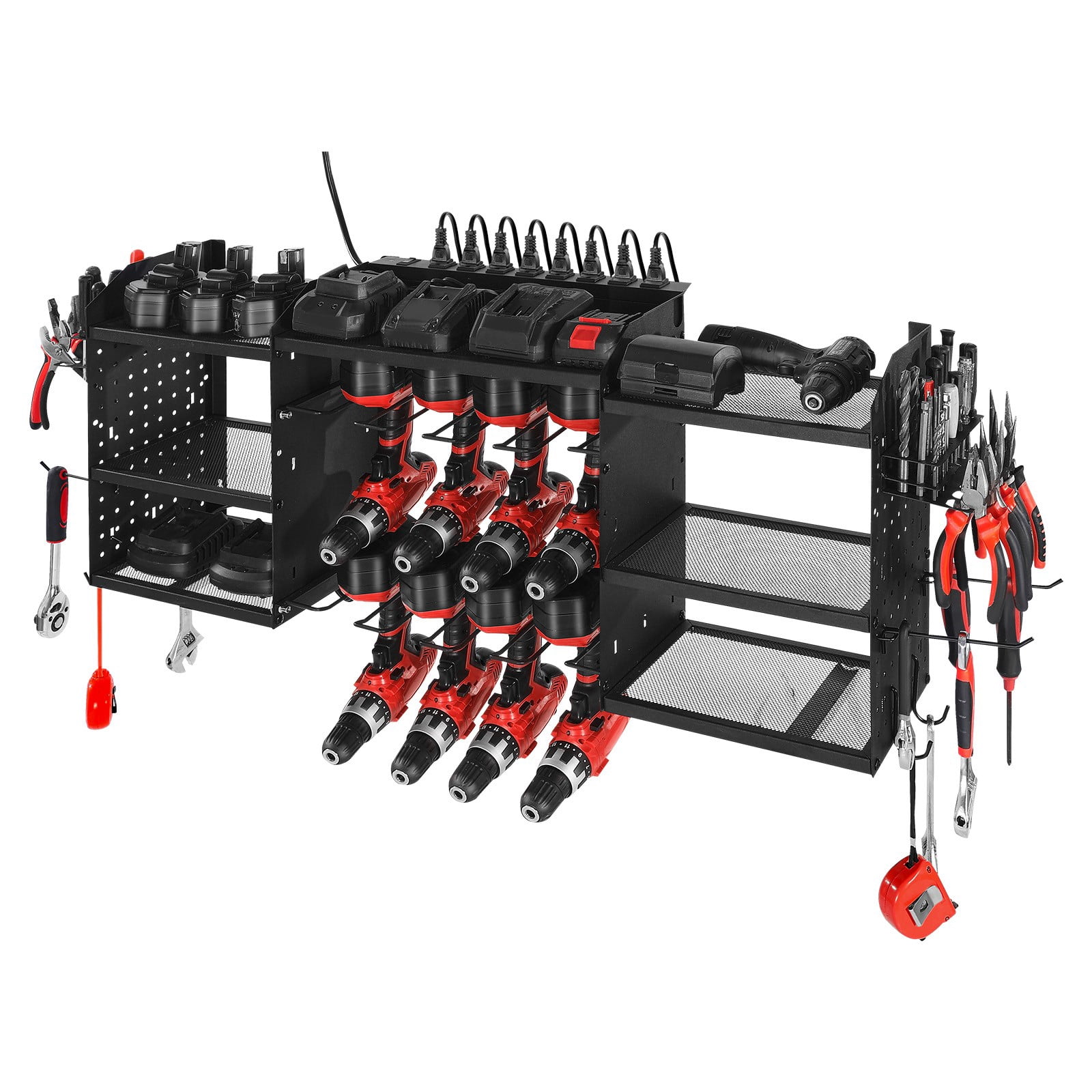 Power Tool Organizer Wall Mount With 6 Outlet Charging Station - 4 Tier Garage Storage Rack