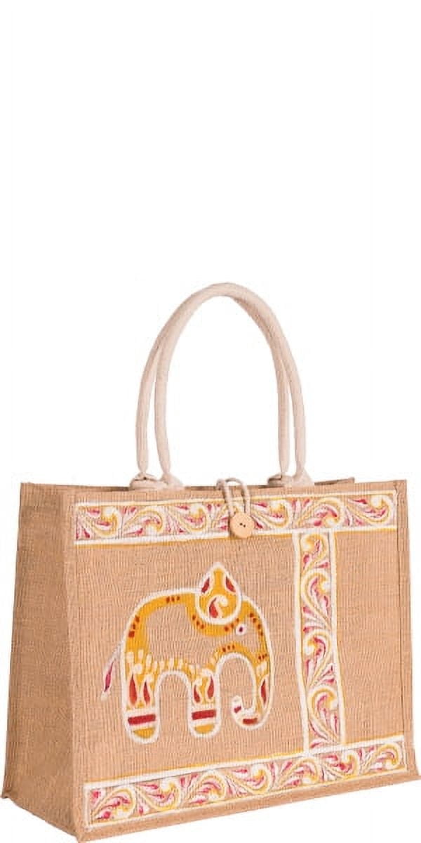 FOLIATE Jute Tote Handbag with Zipper Pouch (Large, The Elephant)