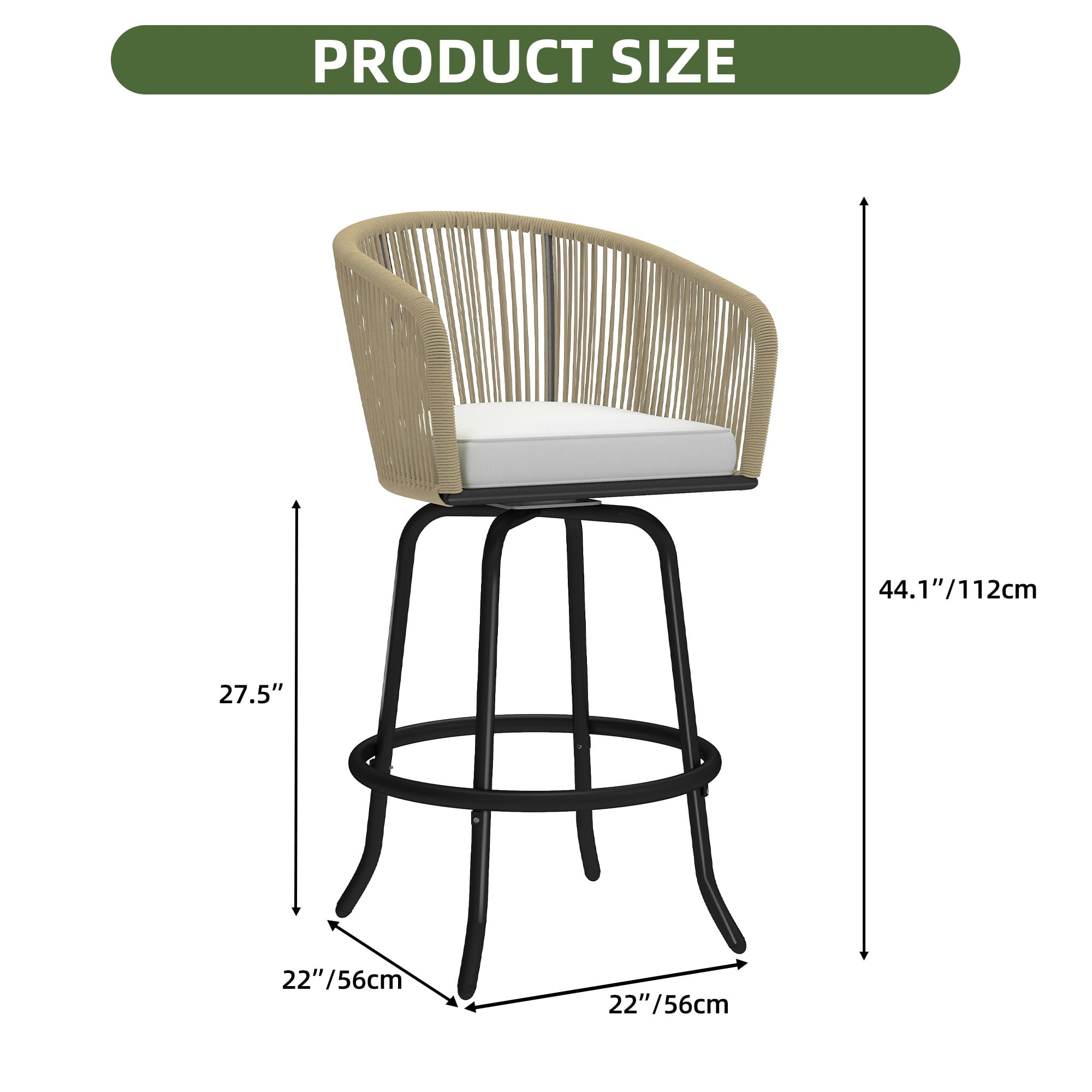 Uforic Outdoor Swivel Bar Stools Set of 2, Patio Woven Chairs with Soft Cushions, Footrests, and Ergonomic Design, 360° Swivel for Backyard, Garden, Balcony, Beige