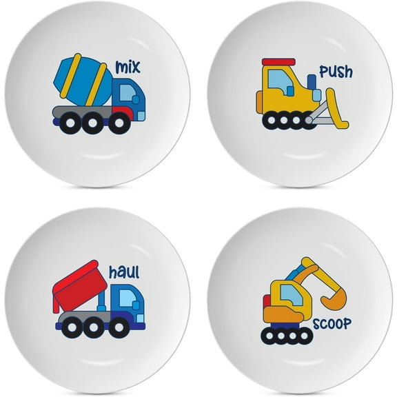 4E's Novelty 4 Melamine Kids Plate Set for Boys, Construction Toddler Plate Set - Truck Character Child Dinnerware Set