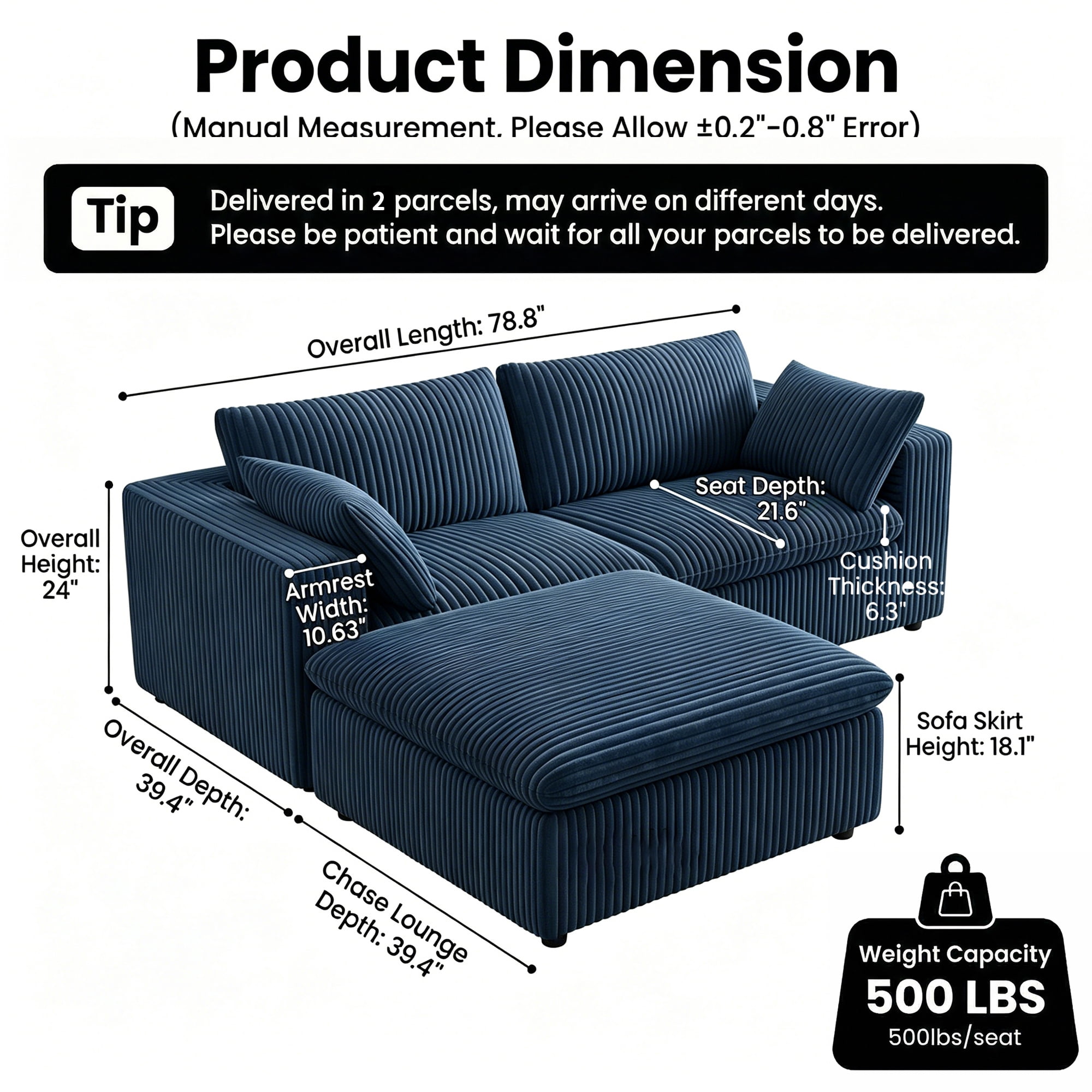 Eyisean 78.8" Corduroy Cloud Loveseat Couch with Ottoman, 2 Seater Comfy Boneless Couch with Throw Pillow, Removable Cushion, Lounge Sofa in a Box, Modular Sectional Sofa for Living Room, Bedroom