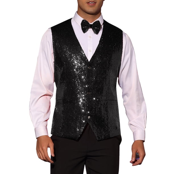 Chaleco sin mangas brillante de lentejuelas INSPIRE CHIC para hombres, corte slim fit, cuello en V, fiesta disco, con pajarita, talla XL, negro